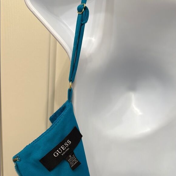Guess Teal Blue Ruched Cocktail Dress Sz 2 Silky Floral Lace Adjustable Straps - Picture 9 of 10